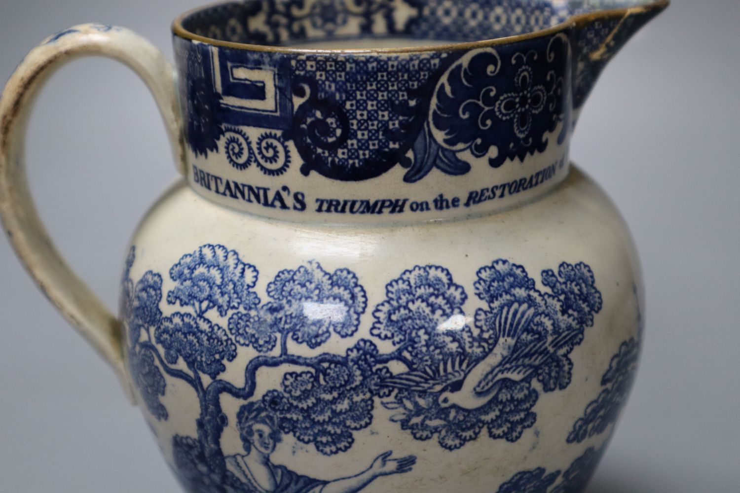 A rare pearlware jug commemorating the Peace of Amiens, c.1802, probably Swansea Pottery, 17cm